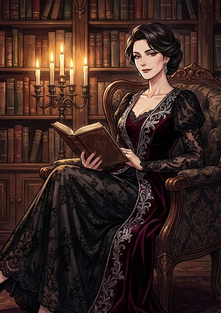 Gothic adult anime character in candlelight with a restricted dark palette