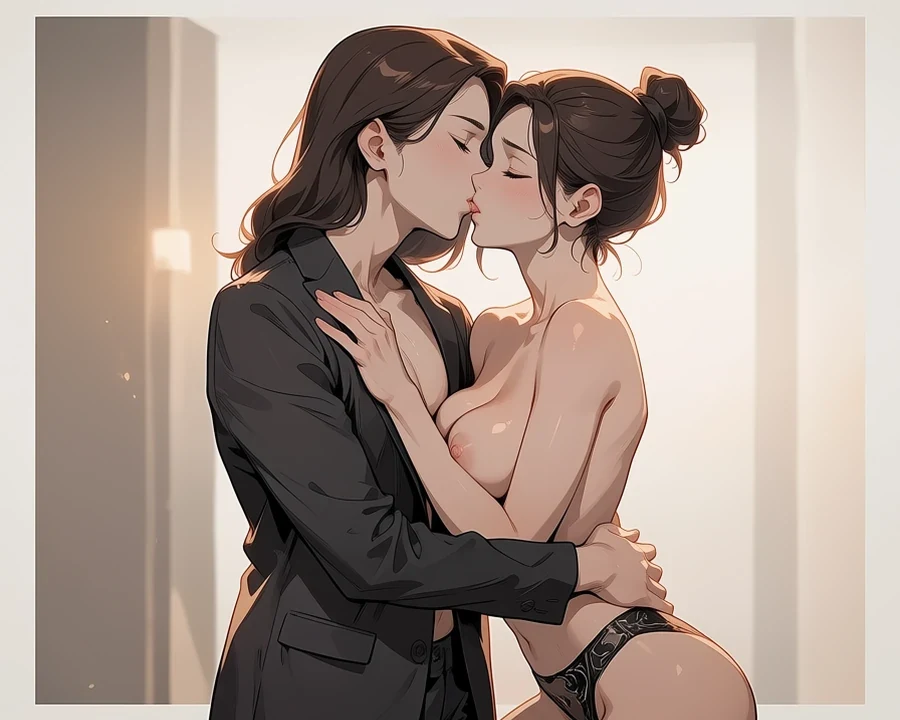 Two adult anime characters in a cinematic office scene