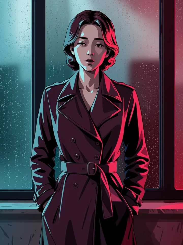 Cyberpunk adult anime character lit by opposed neon on wet asphalt