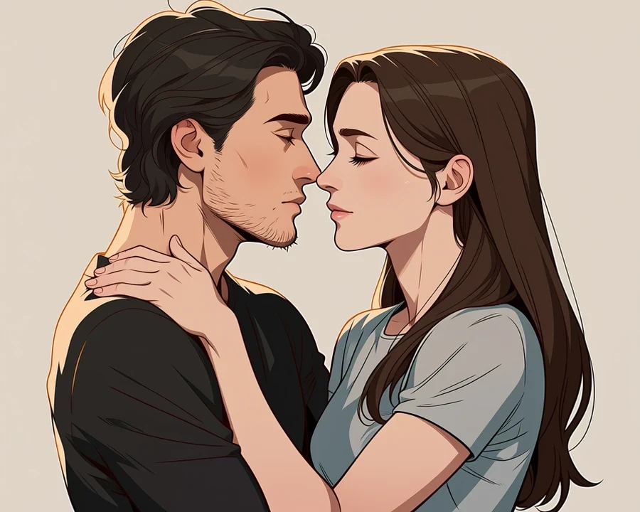 Romantic manhwa scene between two adults in soft directional light