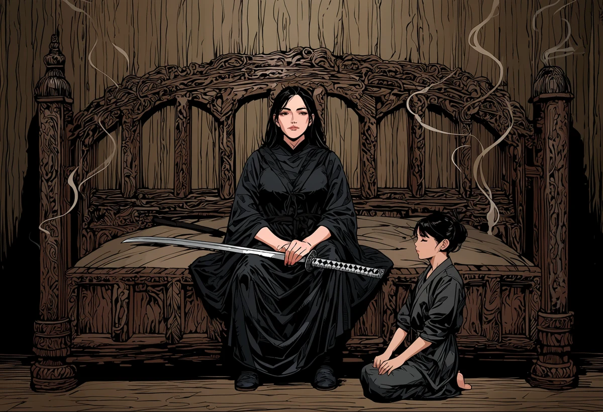 an adult woman age 38 in dark sect robes seated on a carved wooden bed with a sword across her lap, her adult partner kneeling before her, incense smoke, adult manhua art style