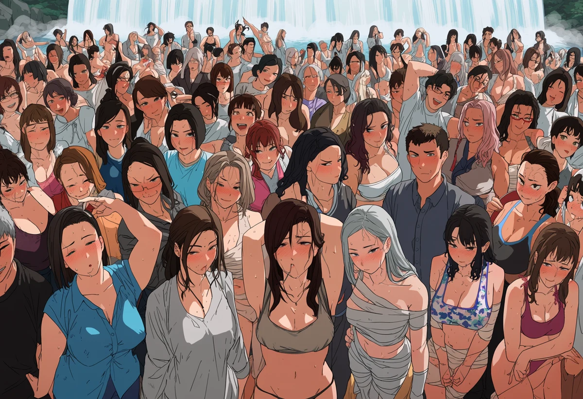 an adult couple age 32 and 38 under a cold mountain waterfall after training, soaked wraps, steam rising from hot skin, adult martial arts manhwa art style